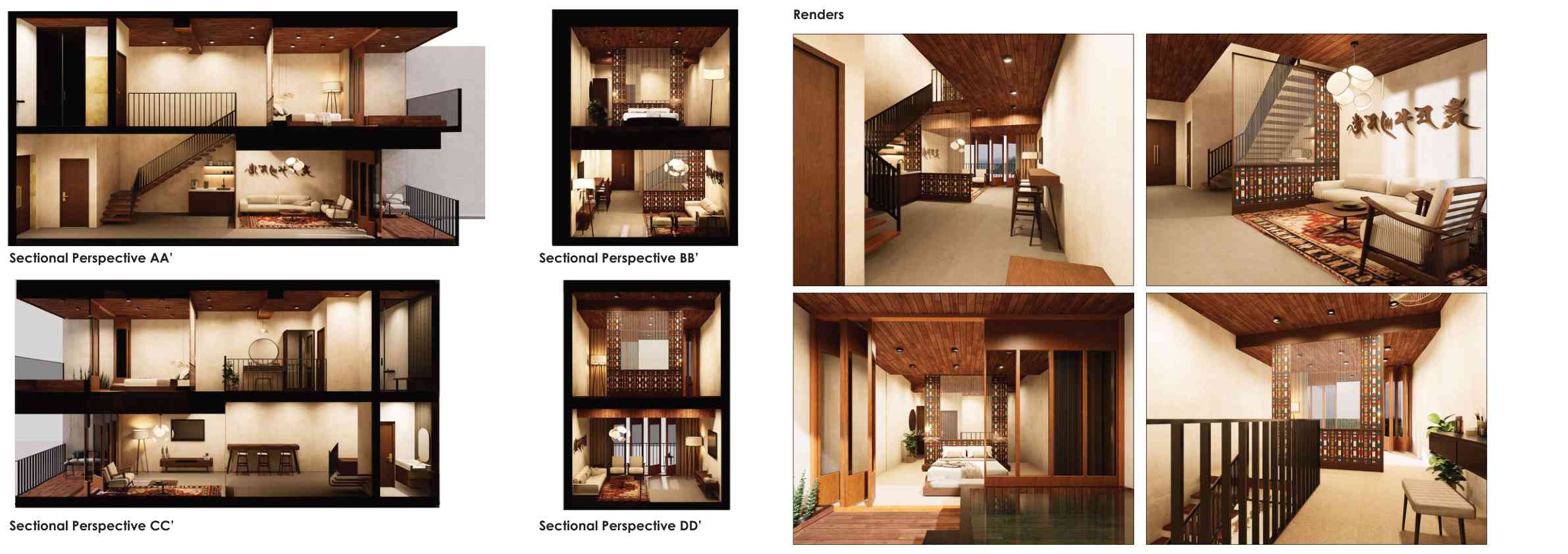 Sectional perspectives and rendered views of the rooms