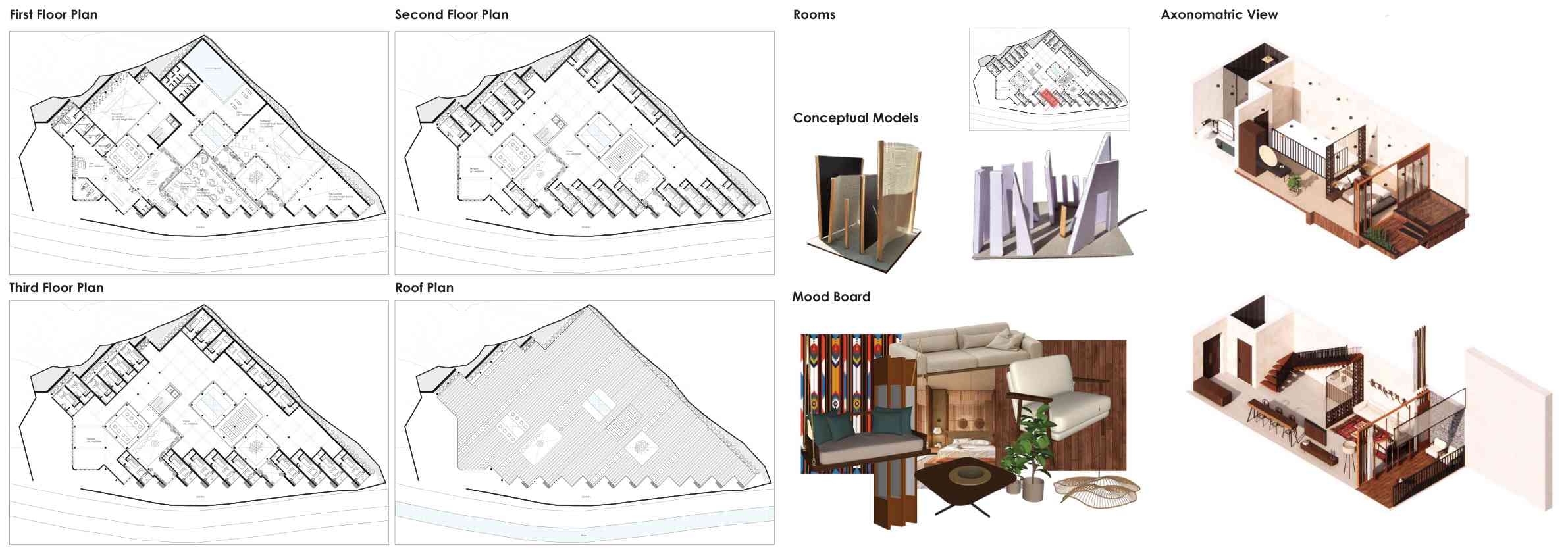 Floor plans, roof plan, conceptual models and axonometric view