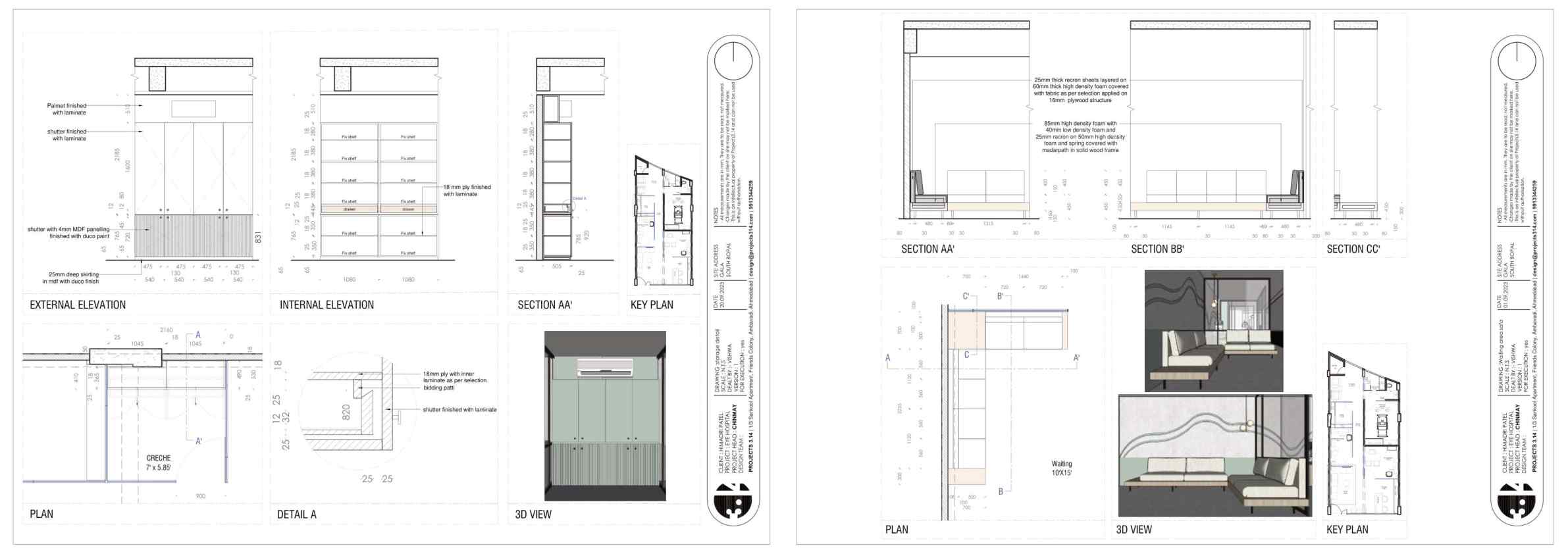 External and internal elevations with sections